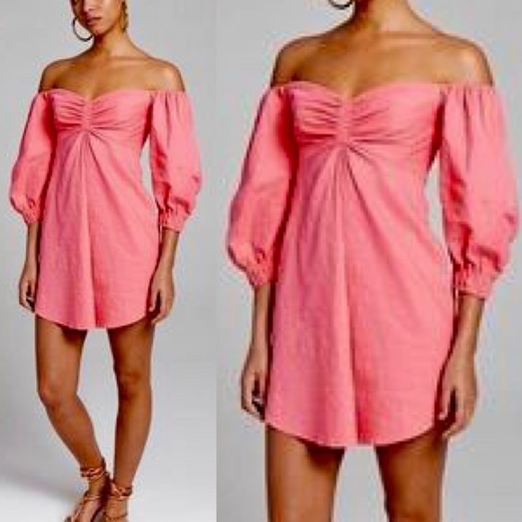 A.L.C. Mila Pink Linen Blend Off the Shoulder Mini Dress Size 4 - Picture 11 of 12